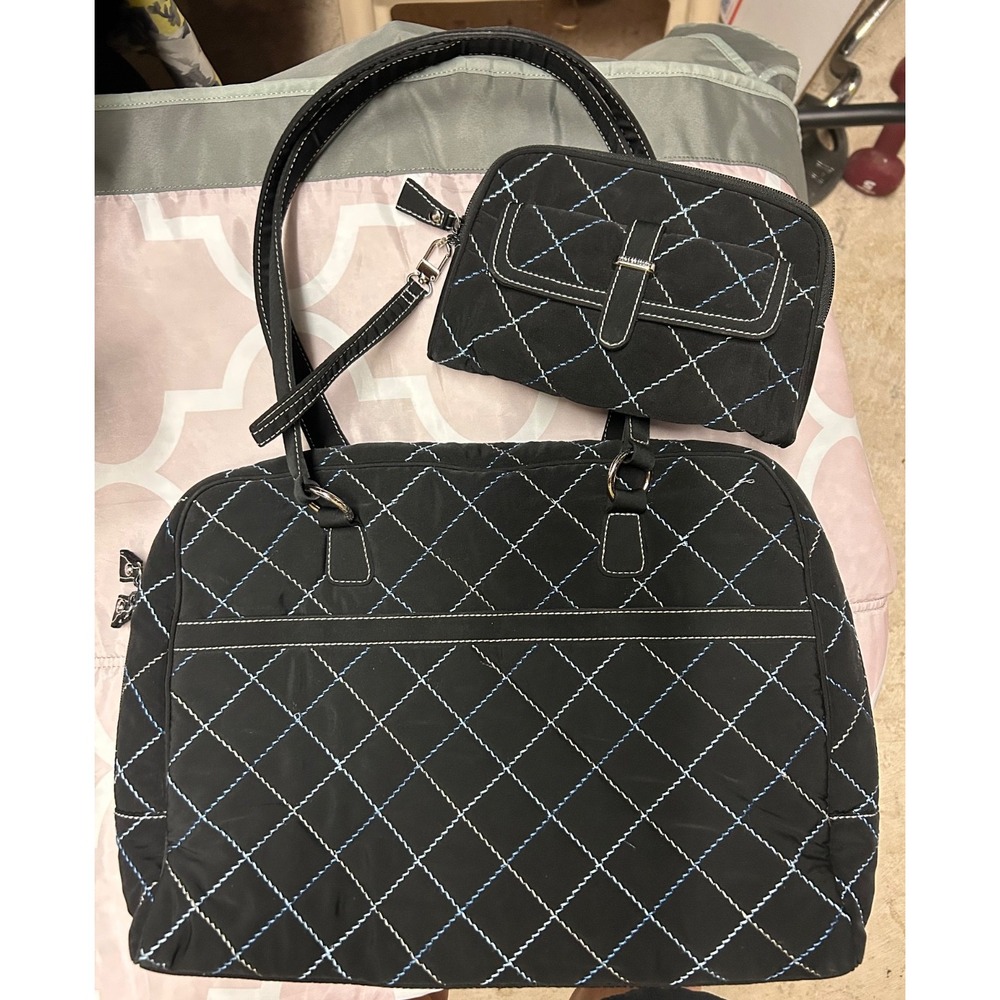 Vera Bradley Black Blue Quilted Handbag Tote & Zip Wristlet Matching Set